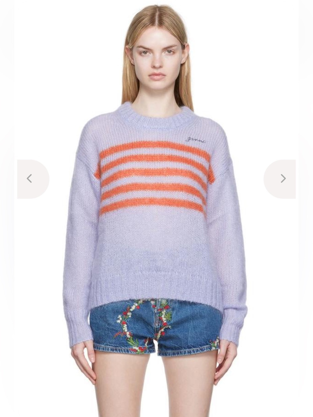Ganni Lilac Crewneck Sweater with Orange Stripes Cosmic Sky